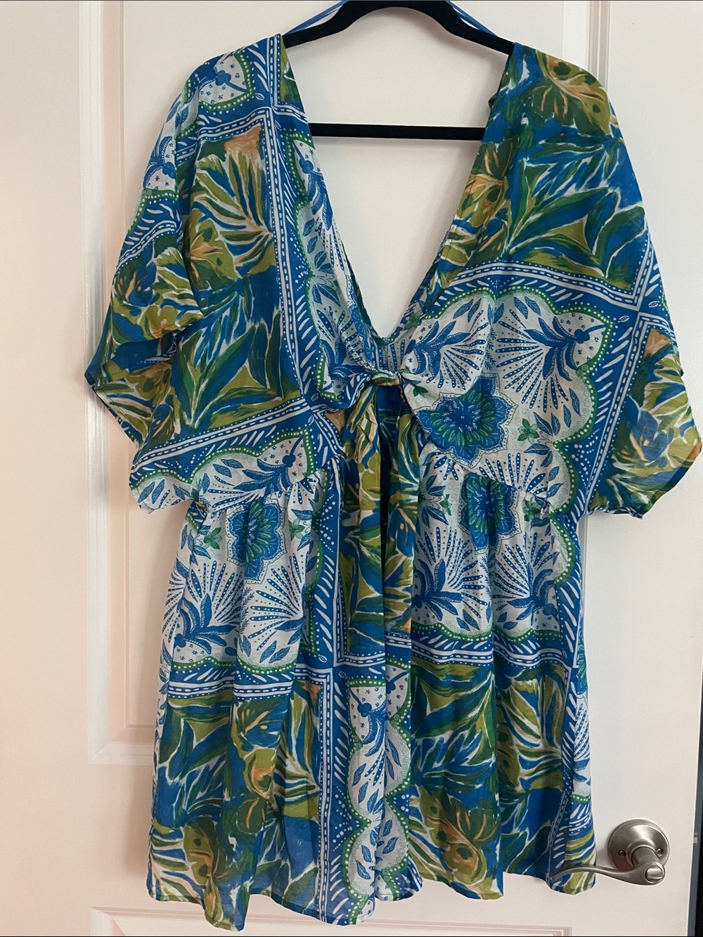NWT Primark Kaftan / Blue Green Floral Tie-Front Short Dress